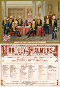 Ministerstvo Jejího Veličenstva, přední a zadní strana propagační karty pro Huntley & Palmers Biscuits, vyrobené pro francouzský trh kolem roku 1890 od English School