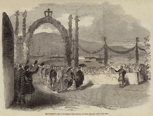 Návštěva Jejího Veličenstva ve Skotsku, příjezd do Fort William (rytina) od English School