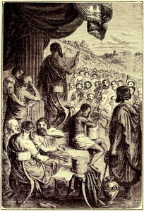 Herodotos čte svou Historii na veřejném festivalu, ilustrace z Ilustrované historie světa, vydané kolem roku 1880 (digitálně upravený obrázek) od English School