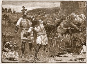 Hrdinství St. Claira při obléhání hradu Bridgnorth, ilustrace z Cassells Illustrated History of England (sépiová fotografie) od English School