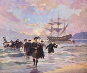 Horalé přijíždějící do Pictou v Novém Skotsku z lodi "Hector", 1773 (barevná litografie) od English School