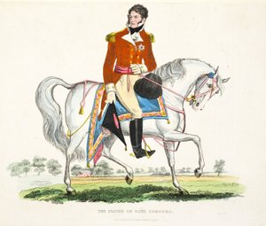 Jeho královská výsost, princ regent Velké Británie, hospoda. od Richarda Evanse, engr Romney, ilustrace z Historický popis bitvy u Waterloo od Williama Mudforda, 1816 (barevná rytina od English School