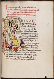 Historická iniciála „R“ (egnante) s Kristem a drakem, z Textus Roffensis, před rokem 1719 (faksimile na pergamenu) od English School