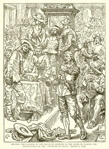Držení předsedy Dolní sněmovny v předsednictví při schválení žádosti o zachování práva, 2. března 1629 od English School