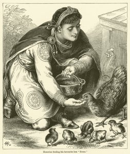 Honorius krmí svou oblíbenou slepici "Řím" (rytina) od English School