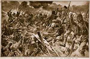 Britští teritoriální vojáci v kapucích útočí na německé zákopy u Loosu, 25. září 1915, 1914-19 od English School