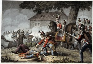 Jízda gardy na bitevním poli u Waterloo v "Historických, vojenských a námořních anekdotách a událostech, které se staly britským armádám a jejich spojencům a skončily u Waterloo" od Edwarda Ormeho. Ill. by Fry, Sutherland, Clark, Dubourg, W.Heart, JA, Atki od English School