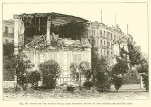 Dům na Avenue de la Gare, Mentone, zničený zemětřesením na Riviéře, 1887 od English School