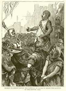 Hubert de Burgh naléhá na posádku v Doveru, aby vzdorovala vylodění Francouzů, 1217 od English School