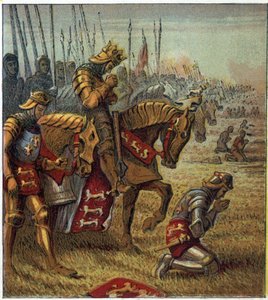 Stoletá válka: “” Bitva u Azincourtu dne 25. 10. 1415””. Král Jindřich V. (1387-1422) se před konfrontací s francouzskými vojsky modlil. Bitva o Agincourt: Král Jindřich Pátý se před bitvou modlí za vítězství. od English School