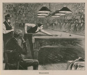 Ilustrace zobrazující muže hrající kulečník od English School