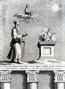 Ilustrace Zoroaster uctívající oheň a slunce, 1697 od English School