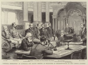 „Imperiální federace“ v Austrálii, nedávné setkání zástupců různých kolonií v Melbourne (rytina) od English School