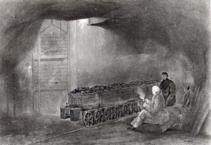 V uhelném dole, ilustrace z „Historie uhlí, koksu, uhelných polí a výroby železa v severní Anglii“ od W. Fordyce, vydané v roce 1860 od English School