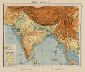 Indie, fyzická mapa (barevná litografie) od English School