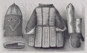 Indická souprava skládající se z helmy, tuniky, rukavic a bot z Bhuj, z Historie lidstva, svazek III, od prof. Friedricha Ratzela, 1898 od English School