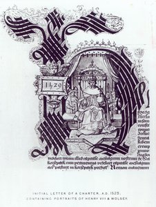 Počáteční dopis charty obsahující portréty Jindřicha VIII. a Wolseyho, 1529 od English School