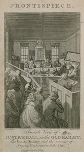 Vnitřní pohled na Justice Hall v Old Bailey, soudní zasedání a způsob zkoušení vězňů v baru od English School