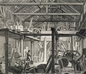Vnitřní pohled na John Bunyans Meeting House v Zoar Street, Gravel Lane, Southwark, používaný jako dílna a pila, kolem roku 1822 (viz také 190619) od English School