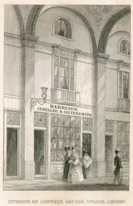 Interiér Lowther Arcade, Strand, Londýn, s Harrisonem, klenotníkem a stříbrníkem
