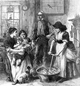 Interiér hornické chaty (rytina) od English School