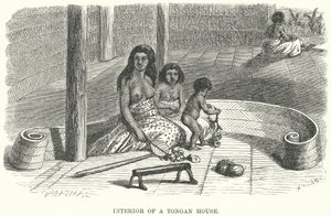 Interiér tonganského domu (rytina) od English School