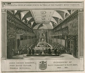 Interiér Sněmovny lordů během procesu s Jejím Veličenstvom královnou Caroline od English School