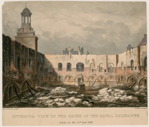 Vnitřní pohled na ruiny Royal Exchange v Londýně, pořízený 11. ledna 1838 od English School
