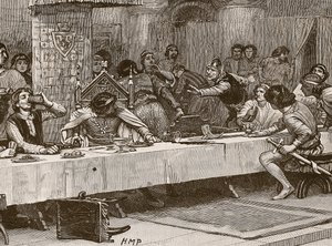 Přerušení Balliolovy vánoční večeře, ilustrace z Cassells Illustrated History of England (sépiová fotografie) od English School