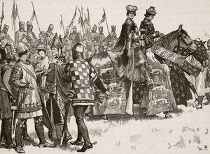 Rozhovor Becketa s králem Jindřichem, ilustrace z Cassells Illustrated History of England (sépiová fotografie) od English School