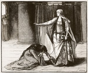 Rozhovor mezi císařovnou Matyldou a královnou Maud, ilustrace z Cassells Illustrated History of England (sépiová fotografie) od English School