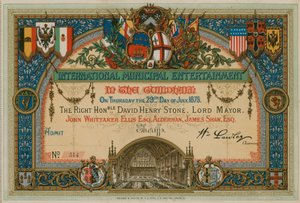 Pozvánka na International Municipal Entertainment v Guildhall, Londýn, dne 29. července 1875 od English School