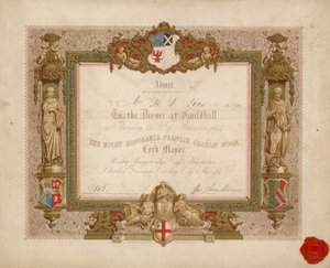 Pozvánka na banket v Guildhall v Londýně dne 9. listopadu 1854 od English School
