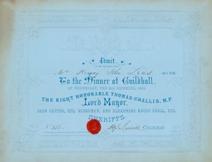Pozvánka na večeři v Guildhall v Londýně dne 8. prosince 1852 od English School