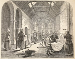 Žehlírna ve věznici Brixton, ilustrace z knihy The Criminal Prisons of London and Scenes from Prison Life od Henryho Mayhewa a Johna Binnyho, vyd. 1862 od English School