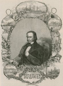 Isambard Kingdom Brunel obklopený některými ze svých úspěchů od English School