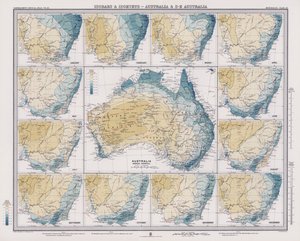 Izobary a izochety, Austrálie a jihovýchodní Austrálie (barevná litografie) od English School
