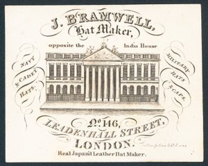 J Bramwell, výrobce klobouků, vizitka od English School