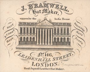 J Branwell, výrobce klobouků, 146 Leadenhall Street, obchodní karta od English School
