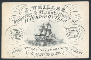 J Weiller, dovozce a výrobce Hambro Quills, 2 Tenter Street, obchodní karta od English School