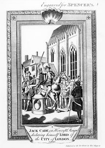Jack Cade († 1450) ve filmu Jindřicha VI. Vláda se prohlašuje za lorda City of London, vyryto pro Spencera od English School