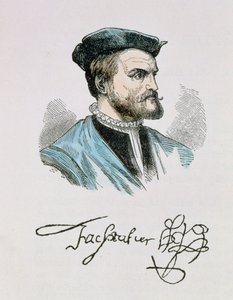 Ilustrace Jacquese Cartiera (1491-1557) ze IV. dílu "Narrative and Critical History of America", 1886 (pozdější kolorování) od English School