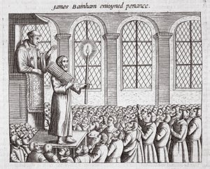 James Bainham si užil pokání, ilustrace z Acts and Monuments od Johna Foxe, deváté vydání, hospoda. 1684 od English School