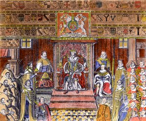 Jakub I. Anglický (1566-1625) u dvora, (rytina) (později kolorování) od English School