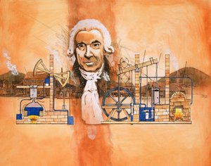 James Watt s pecemi a mechanickými čerpadly v pozadí od English School
