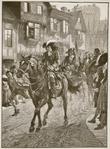 Jakub vjíždí do Dublinu po bitvě u Boyne, ilustrace z Cassells Illustrated History of England (sépiová fotografie) od English School