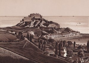 Jersey, Chanelské ostrovy: Mount Orgueil Castle a přístav Gorey (litografie) od English School