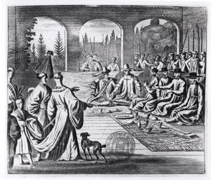 Jezuité s holandskými a portugalskými obchodníky na dvoře japonského císaře, ilustrace z A Memorable Embassy to the Emperor of Japan od Arnolda Montana, vydáno v Londýně 1670 od English School