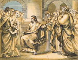 Ježíš kárá písaře a farizeje (barevná rytina) od English School