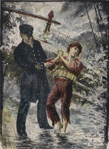 John Alexander Strachan, kapitán parníku Cyprian, dává svou záchrannou vestu mladému černému pasažérovi předtím, než loď v roce 1881 ztroskotala ve vichřici u velšského pobřeží (barva litho) od English School